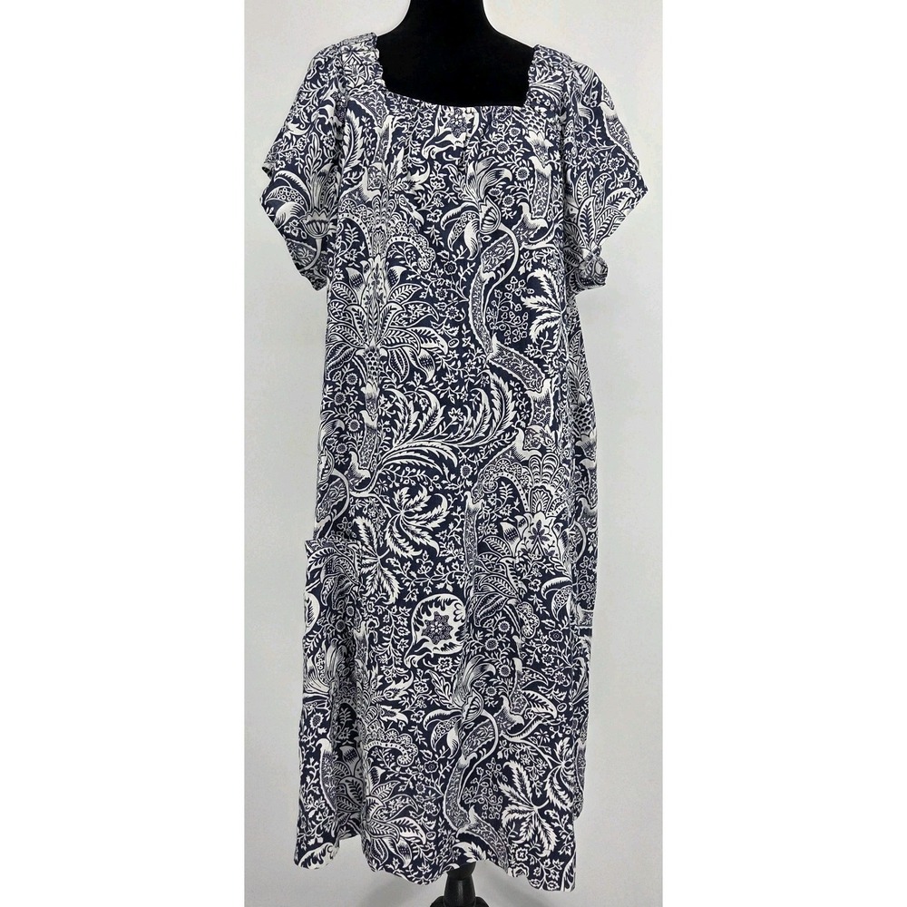 Vtg Next x Morris Co 100% Linen Tunic Dress 16 Tall Blue White Floral Pockets